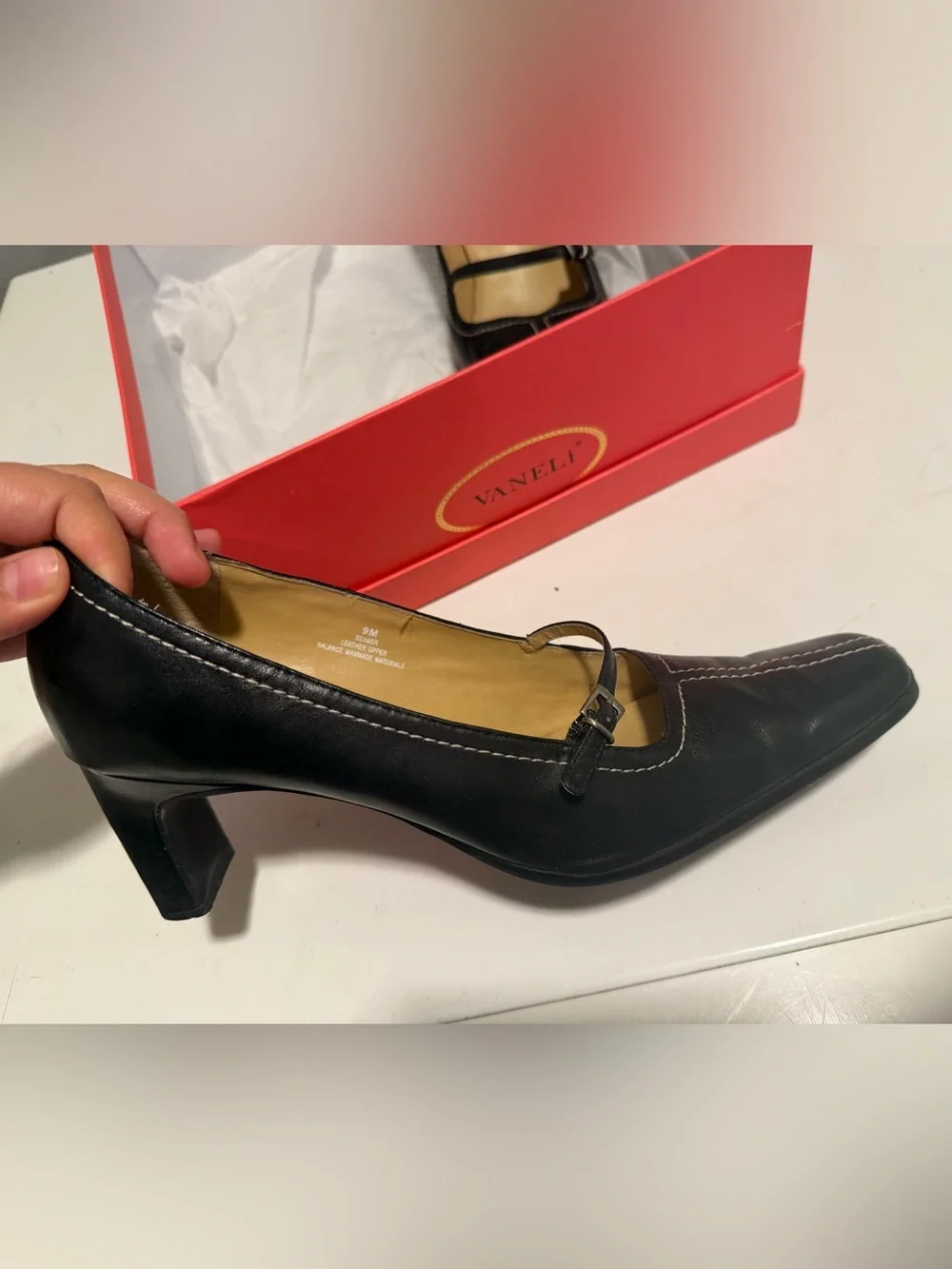 Vintage Black Leather Mary Jane Pumps with Contrast Stitching